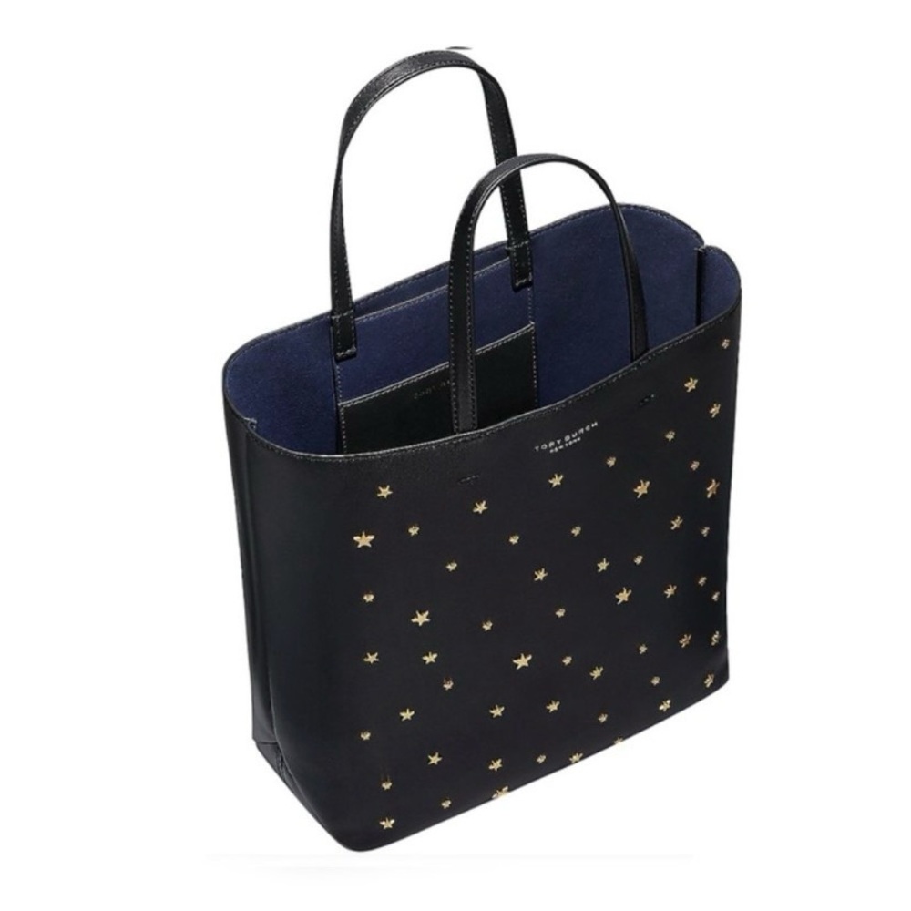 $398 Tory Burch Fleming Black Lambskin Leather Gold Star Studs Satchel Tote Bag - Picture 2 of 14